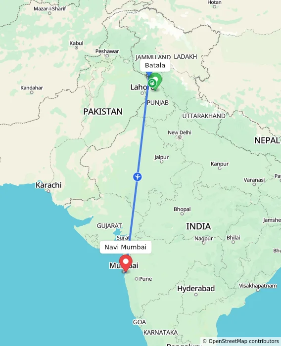 Route map showing distance and travel time from Batala, India to Navi Mumbai, India