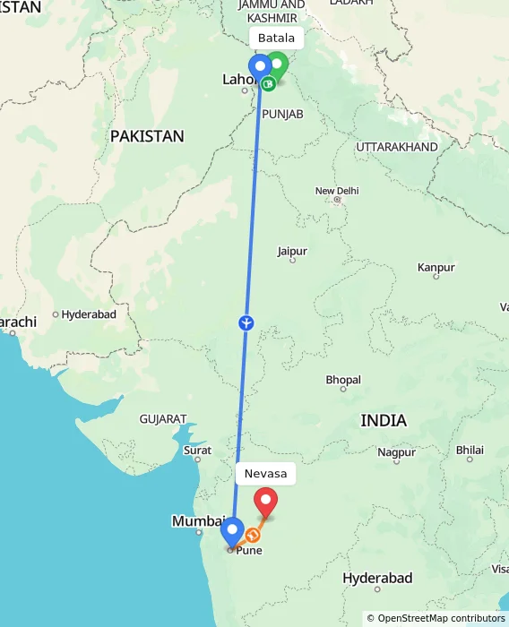 Route map showing distance and travel time from Batala, India to Nevasa, India