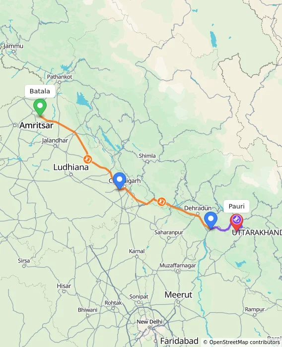 Route map showing distance and travel time from Batala, India to Pauri, India
