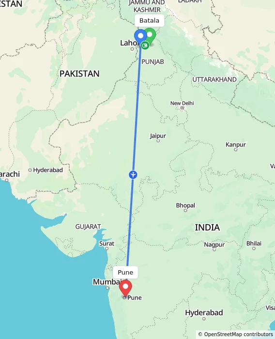 Route map showing distance and travel time from Batala, India to Pune, India