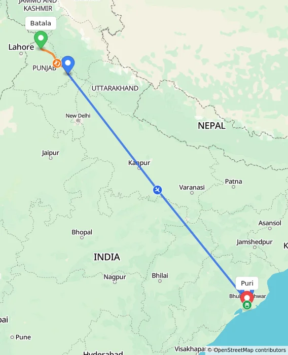 Route map showing distance and travel time from Batala, India to Puri, India