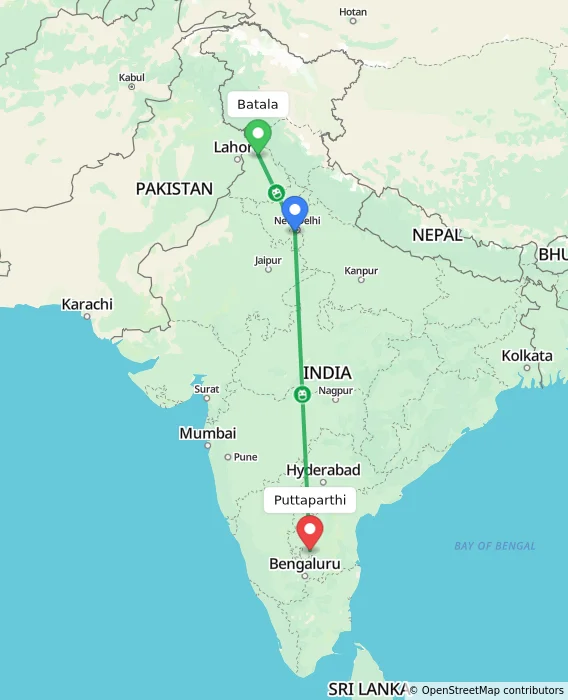 Route map showing distance and travel time from Batala, India to Puttaparthi, India