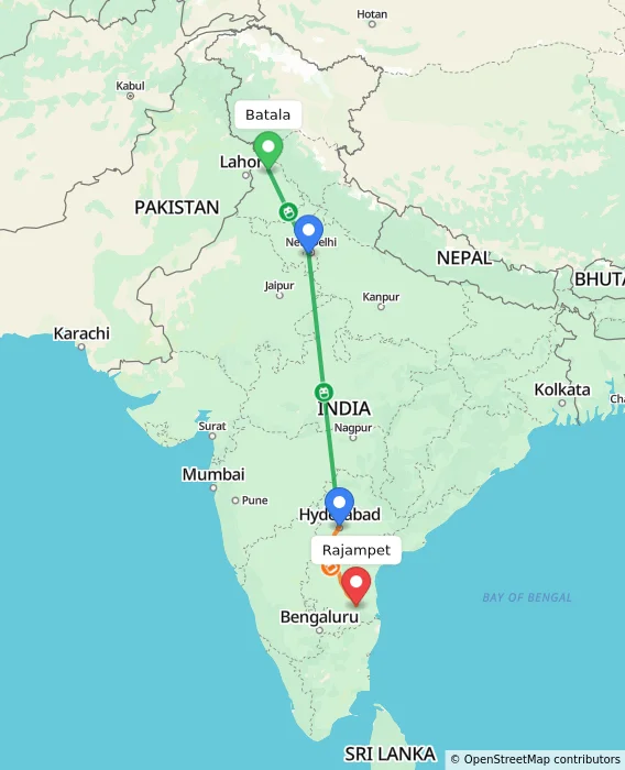 Route map showing distance and travel time from Batala, India to Rajampet, India