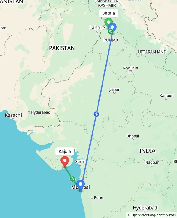 Route map showing distance and travel time from Batala, India to Rajula, India