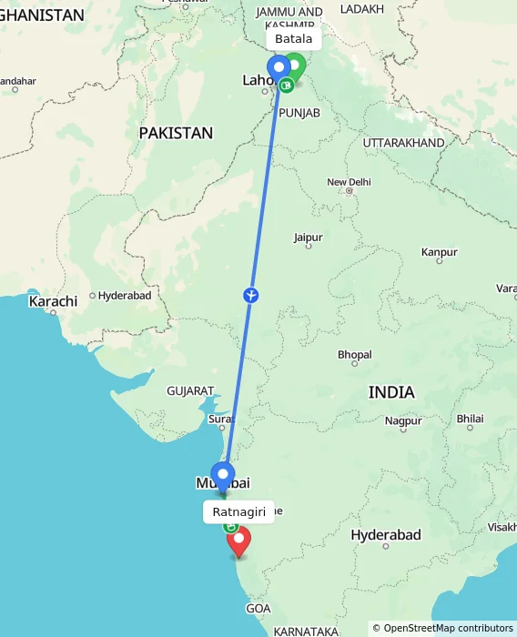 Route map showing distance and travel time from Batala, India to Ratnagiri, India