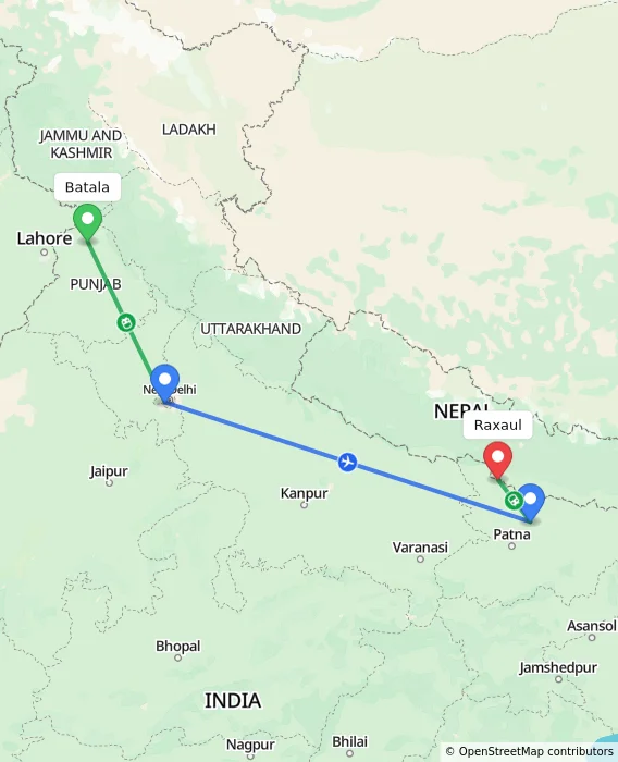 Route map showing distance and travel time from Batala, India to Raxaul, India
