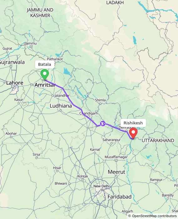 Route map showing distance and travel time from Batala, India to Rishikesh, India