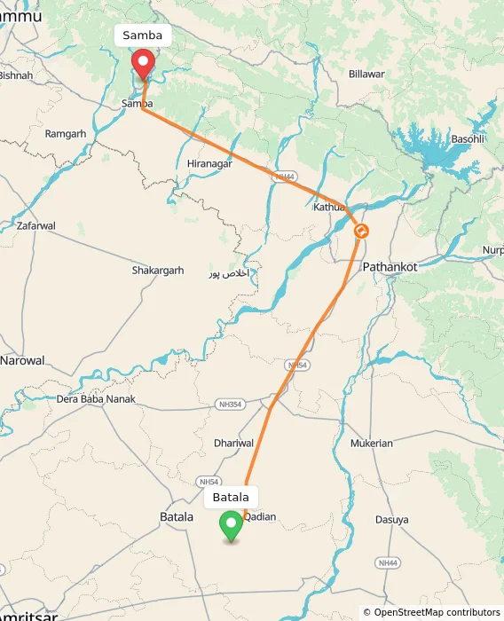 Route map showing distance and travel time from Batala, India to Samba, India