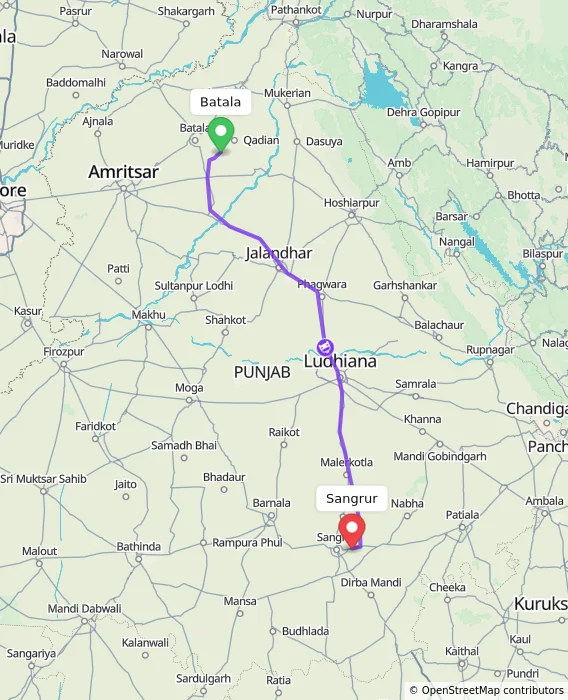 Route map showing distance and travel time from Batala, India to Sangrur, India