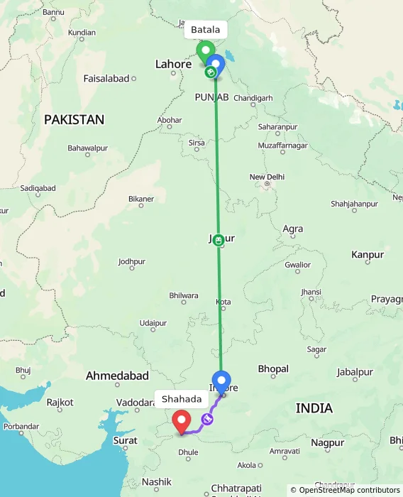 Route map showing distance and travel time from Batala, India to Shahada, India