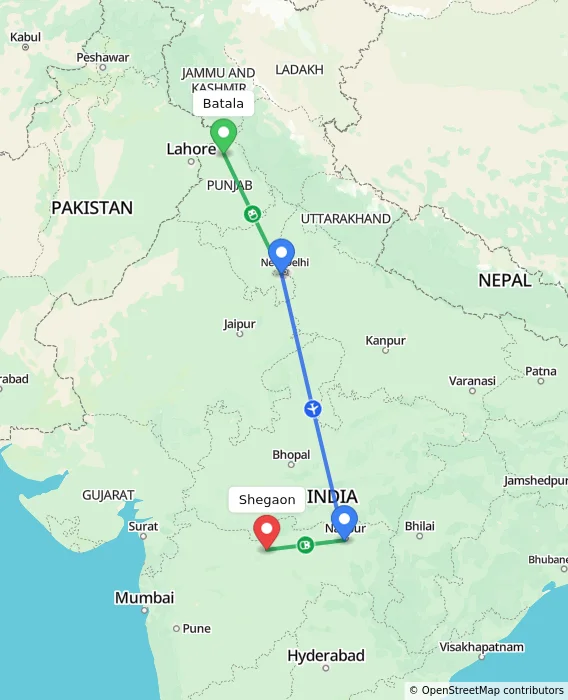 Route map showing distance and travel time from Batala, India to Shegaon, India