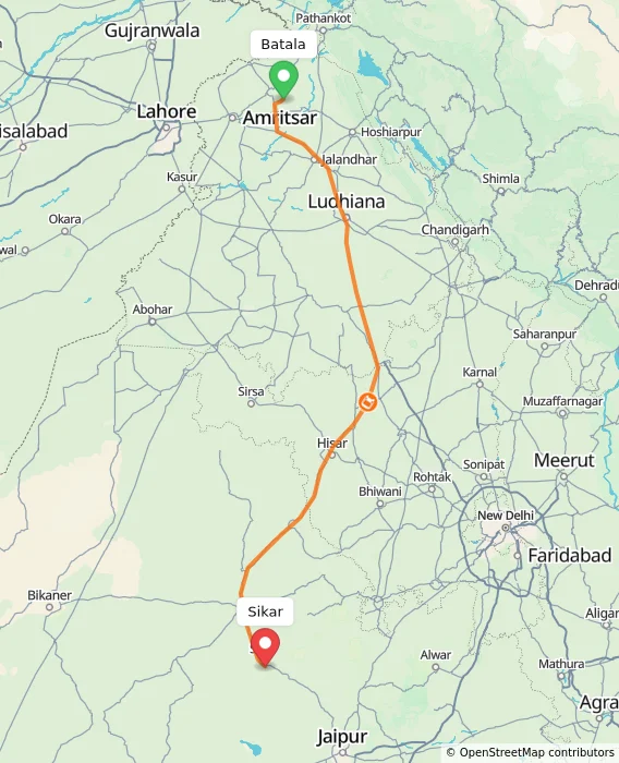 Route map showing distance and travel time from Batala, India to Sikar, India