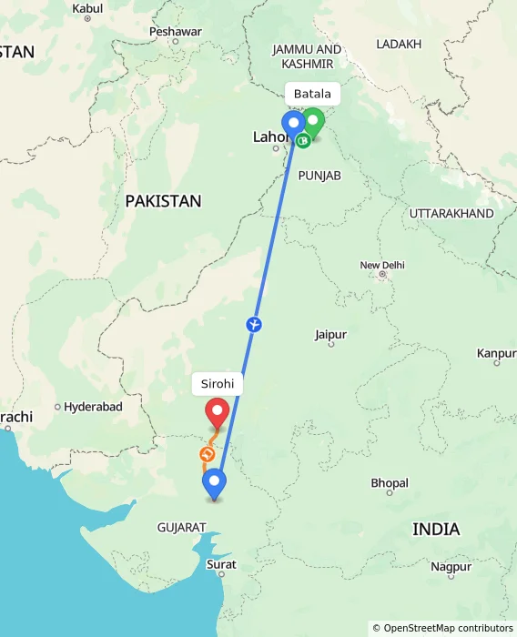 Route map showing distance and travel time from Batala, India to Sirohi, India