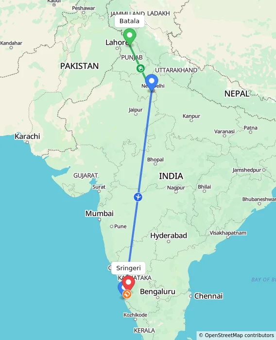 Route map showing distance and travel time from Batala, India to Sringeri, India