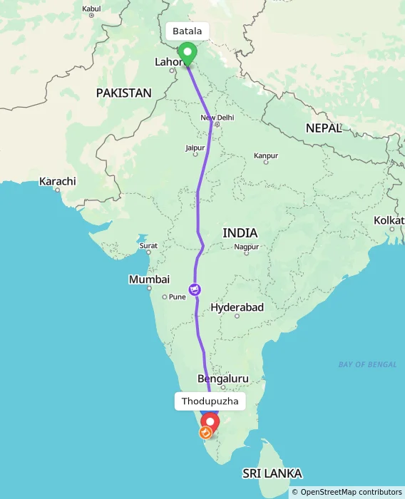 Route map showing distance and travel time from Batala, India to Thodupuzha, India