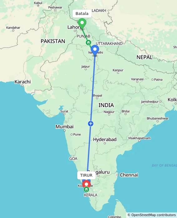 Route map showing distance and travel time from Batala, India to TIRUR, India