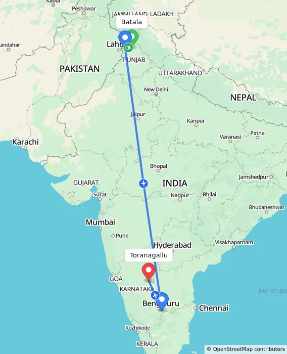 Route map showing distance and travel time from Batala, India to Toranagallu, India