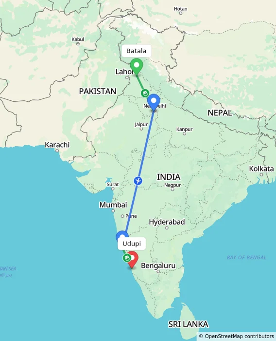 Route map showing distance and travel time from Batala, India to Udupi, India