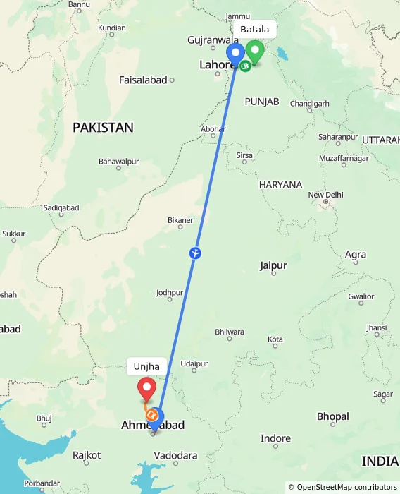 Route map showing distance and travel time from Batala, India to Unjha, India