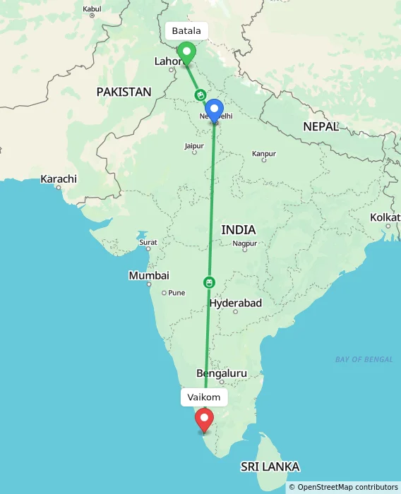Route map showing distance and travel time from Batala, India to Vaikom, India