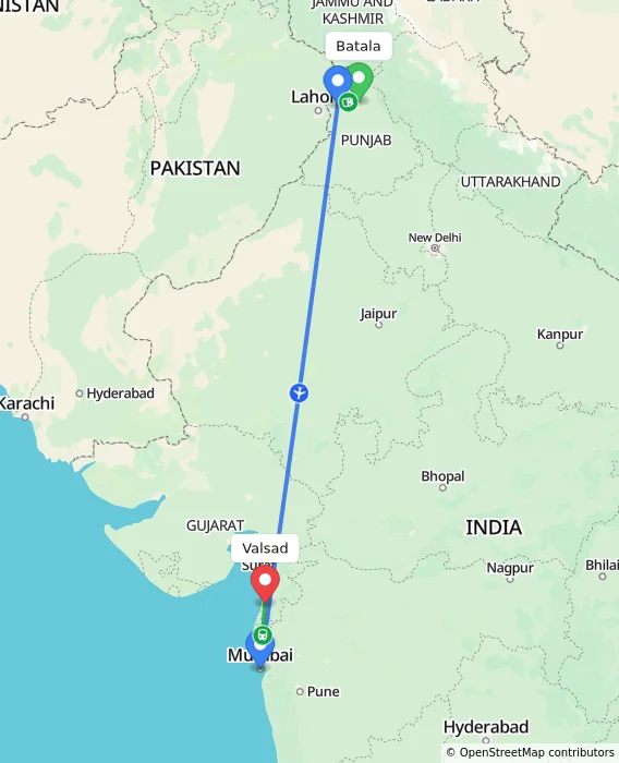 Route map showing distance and travel time from Batala, India to Valsad, India