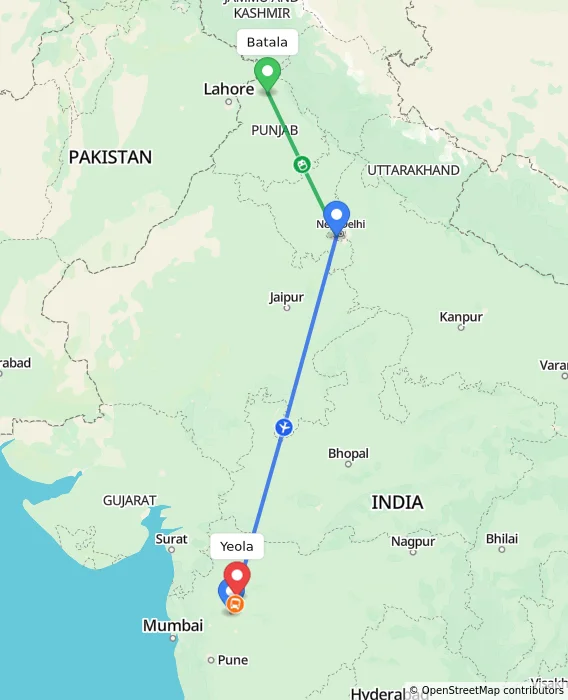 Route map showing distance and travel time from Batala, India to Yeola, India