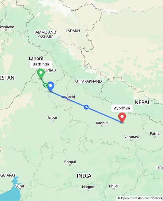 Route map showing distance and travel time from Bathinda, India to Ayodhya, India