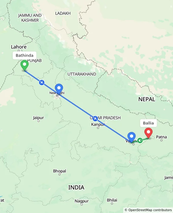 Route map showing distance and travel time from Bathinda, India to Ballia, India