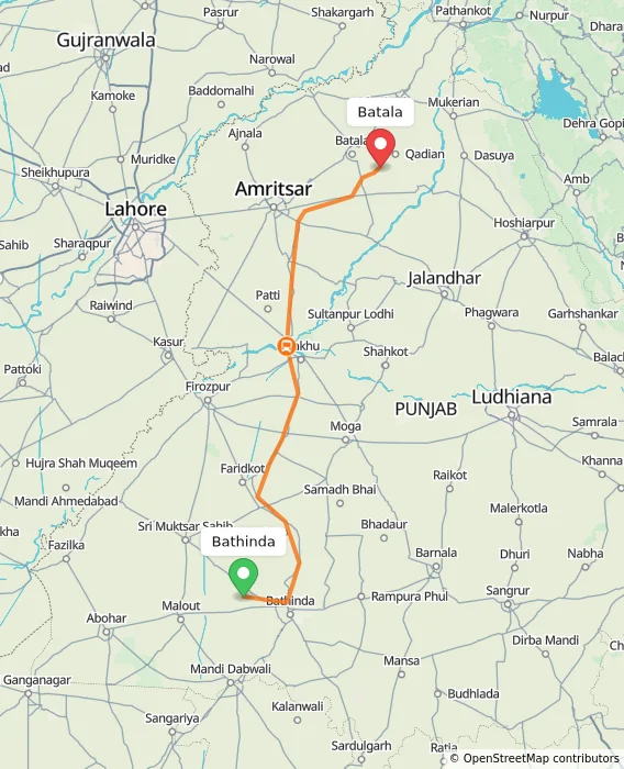 Route map showing distance and travel time from Bathinda, India to Batala, India
