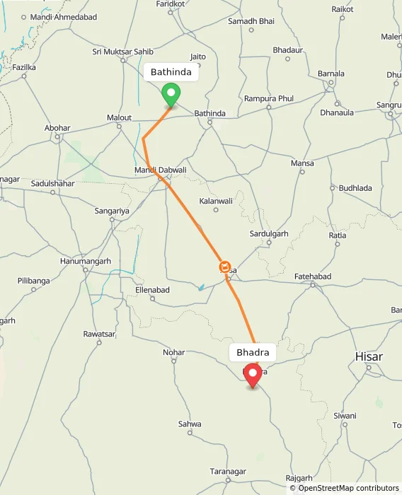 Route map showing distance and travel time from Bathinda, India to Bhadra, India