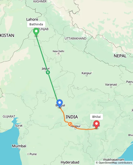 Route map showing distance and travel time from Bathinda, India to Bhilai, India
