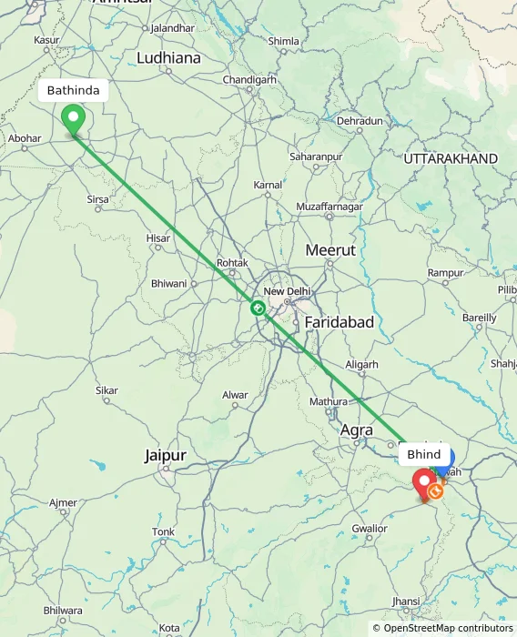 Route map showing distance and travel time from Bathinda, India to Bhind, India