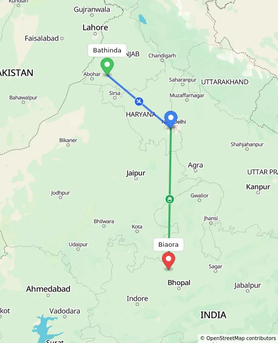 Route map showing distance and travel time from Bathinda, India to Biaora, India