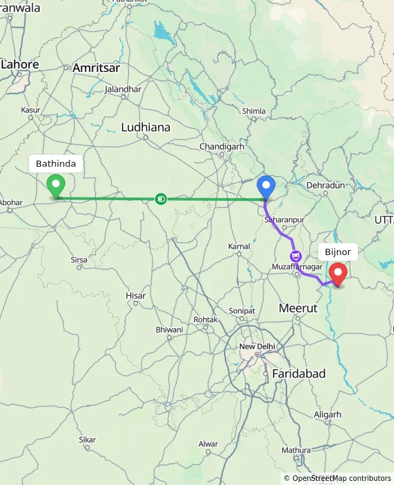 Route map showing distance and travel time from Bathinda, India to Bijnor, India