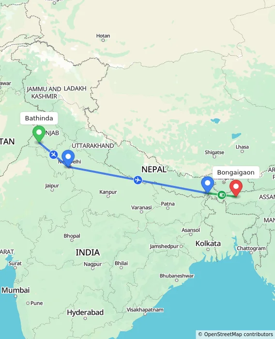 Route map showing distance and travel time from Bathinda, India to Bongaigaon, India
