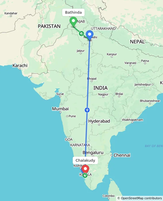 Route map showing distance and travel time from Bathinda, India to Chalakudy, India