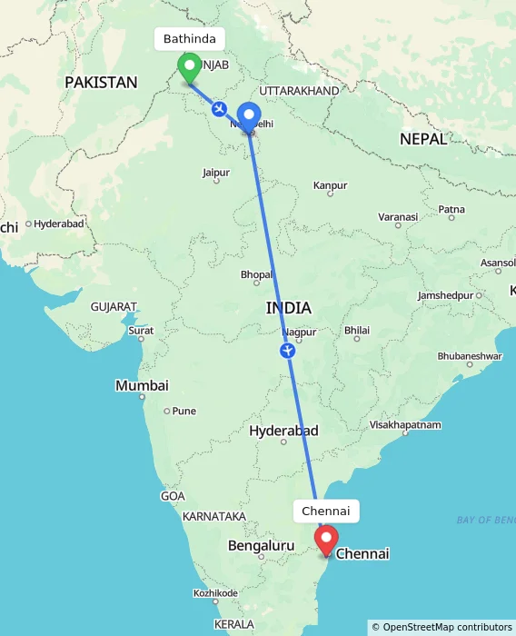 Route map showing distance and travel time from Bathinda, India to Chennai, India