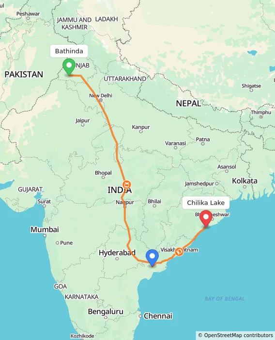 Route map showing distance and travel time from Bathinda, India to Chilika Lake, India