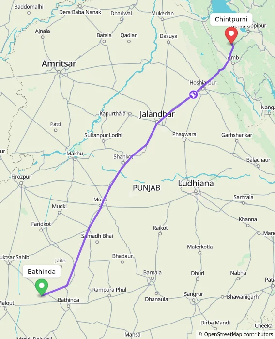 Route map showing distance and travel time from Bathinda, India to Chintpurni, India