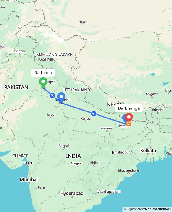 Route map showing distance and travel time from Bathinda, India to Darbhanga, India