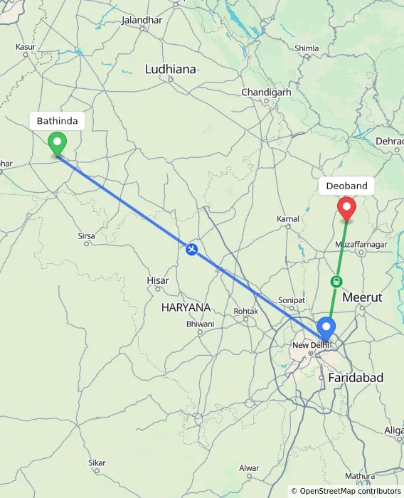 Route map showing distance and travel time from Bathinda, India to Deoband, India