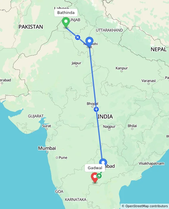 Route map showing distance and travel time from Bathinda, India to Gadwal, India