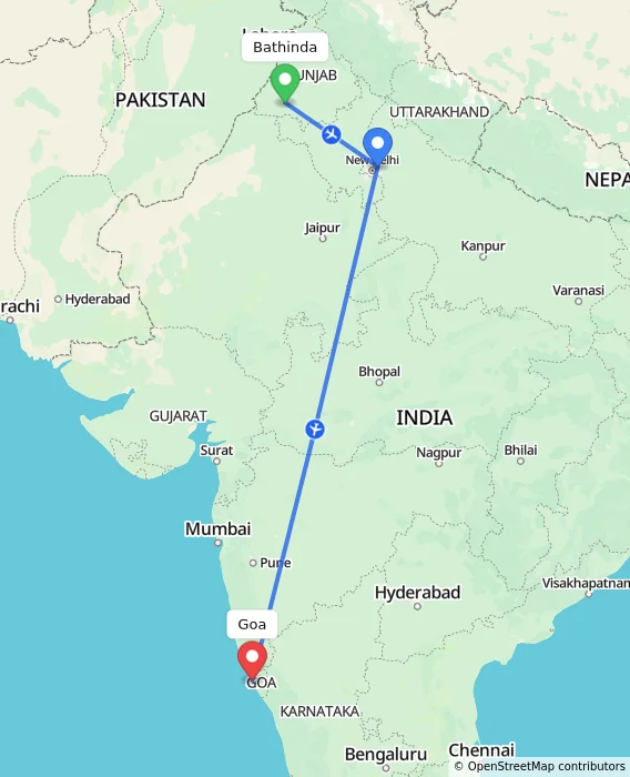 Route map showing distance and travel time from Bathinda, India to Goa, India