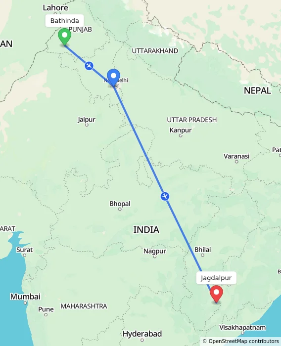 Route map showing distance and travel time from Bathinda, India to Jagdalpur, India