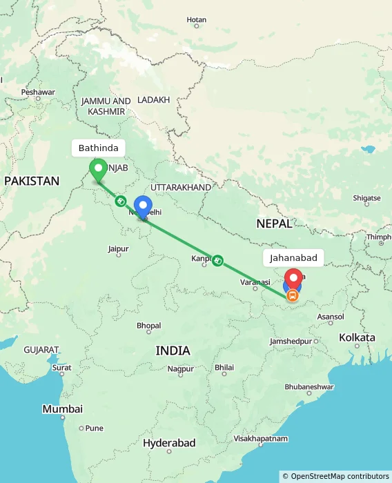 Route map showing distance and travel time from Bathinda, India to Jahanabad, India
