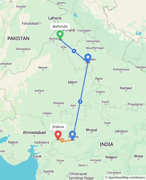 Route map showing distance and travel time from Bathinda, India to Jhabua, India