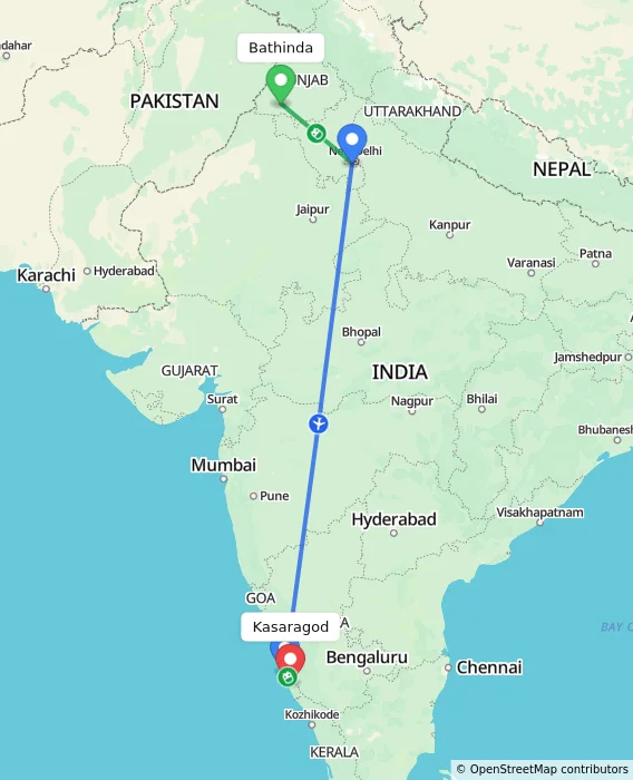 Route map showing distance and travel time from Bathinda, India to Kasaragod, India