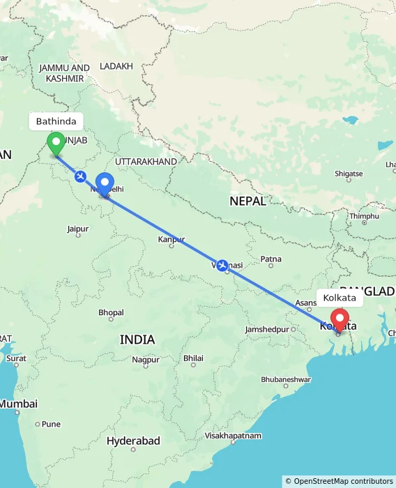 Route map showing distance and travel time from Bathinda, India to Kolkata, India