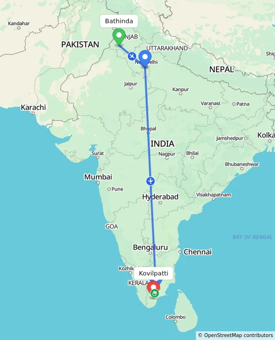 Route map showing distance and travel time from Bathinda, India to Kovilpatti, India