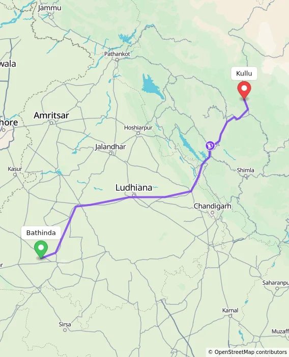 Route map showing distance and travel time from Bathinda, India to Kullu, India